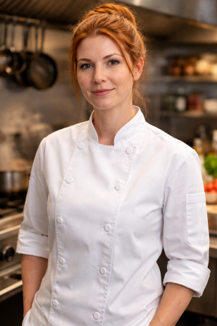 Amy wearing a chef coat, in her restaurant kitchen.