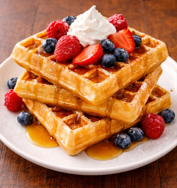 Belgian waffles topped with fruit and syrup, on a white plate.